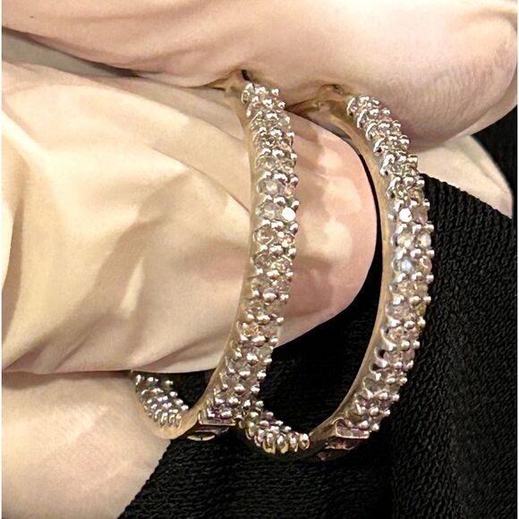 Genuine 1 Carat Natural Diamond Inside Out Hoop Earrings 14k Yellow Gold - Picture 1 of 13